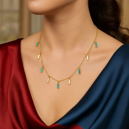 14K Yellow Gold Turquoise And MOP Inlay Station Necklace